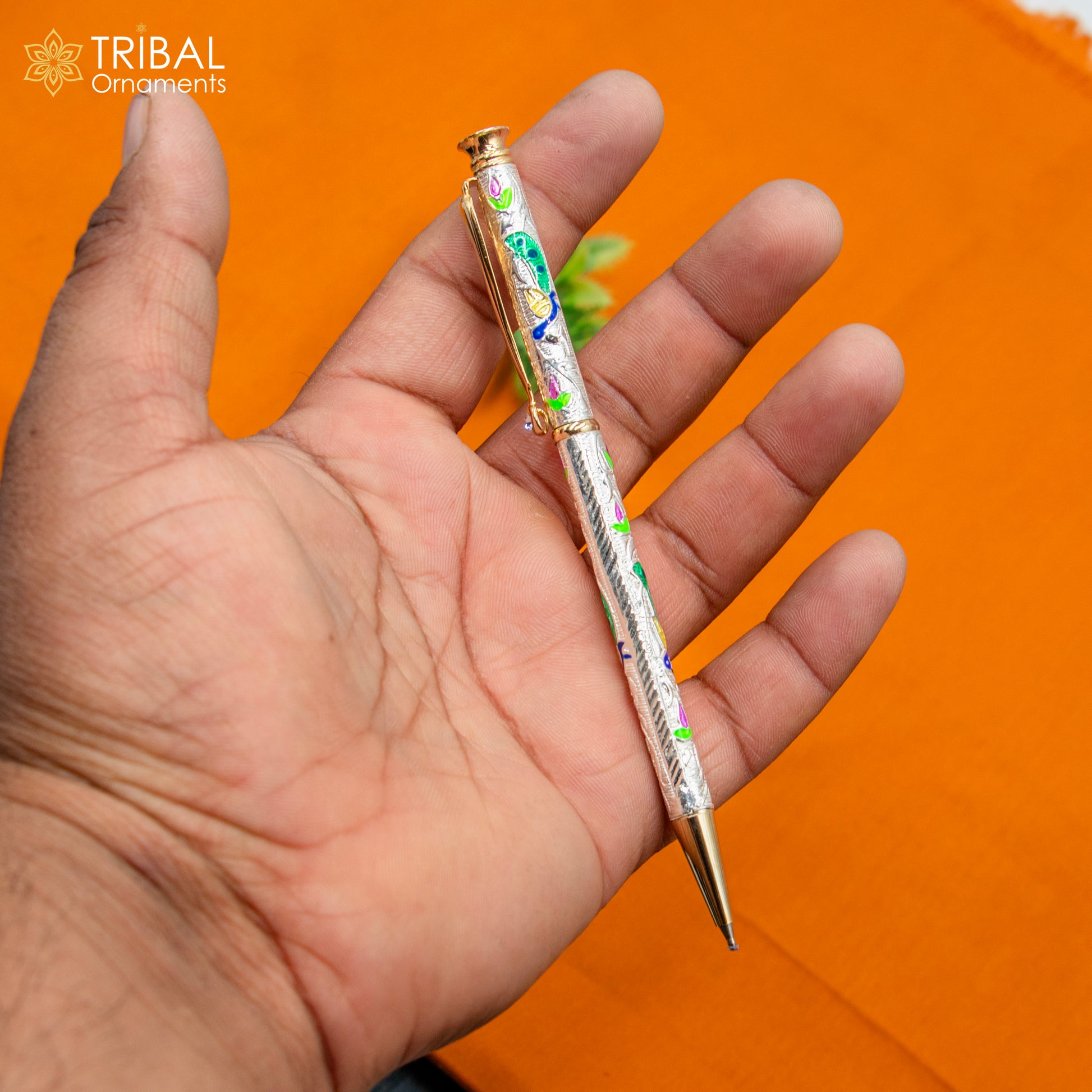 925 Sterling silver handmade unique peacock design writing ball pen, best silver gifting article from india art806 - TRIBAL ORNAMENTS