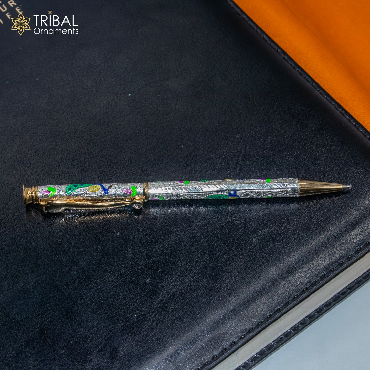 925 Sterling silver handmade unique peacock design writing ball pen, best silver gifting article from india art806 - TRIBAL ORNAMENTS