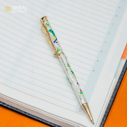 925 Sterling silver handmade peacock design writing ball pen by TRIBAL ORNAMENTS, showcasing intricate craftsmanship and elegant design.