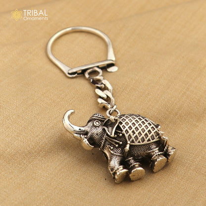 Vintage 925 sterling silver elephant design key chain by TRIBAL ORNAMENTS featuring detailed handcrafted tribal ornament style.