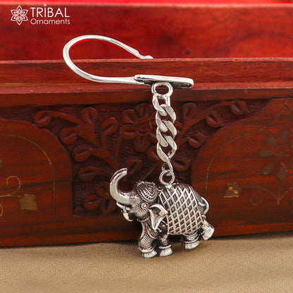 Vintage elephant design key chain made of 925 sterling silver by TRIBAL ORNAMENTS, showcasing intricate handmade craftsmanship.