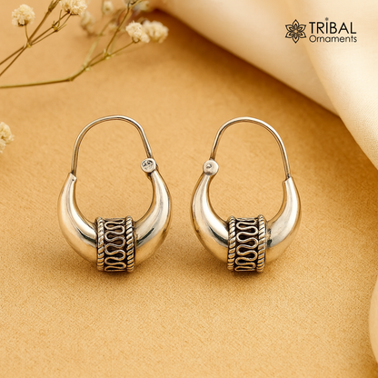Sterling silver handmade vintage tribal hoops earring with antique design, showcasing ethnic jewelry style from TRIBAL ORNAMENTS.
