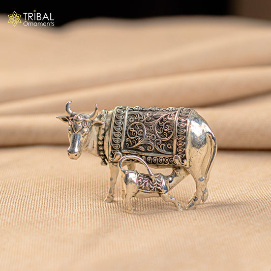 925 Sterling silver handmade vintage antique unique design Kamdhenu cow with calf, Diwali puja silver article best corporate gifting  art230 - TRIBAL ORNAMENTS
