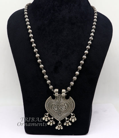 925 Sterling silver vintage tribal pendant with beaded necklace and hanging bells, ethnic jewelry set by TRIBAL ORNAMENTS