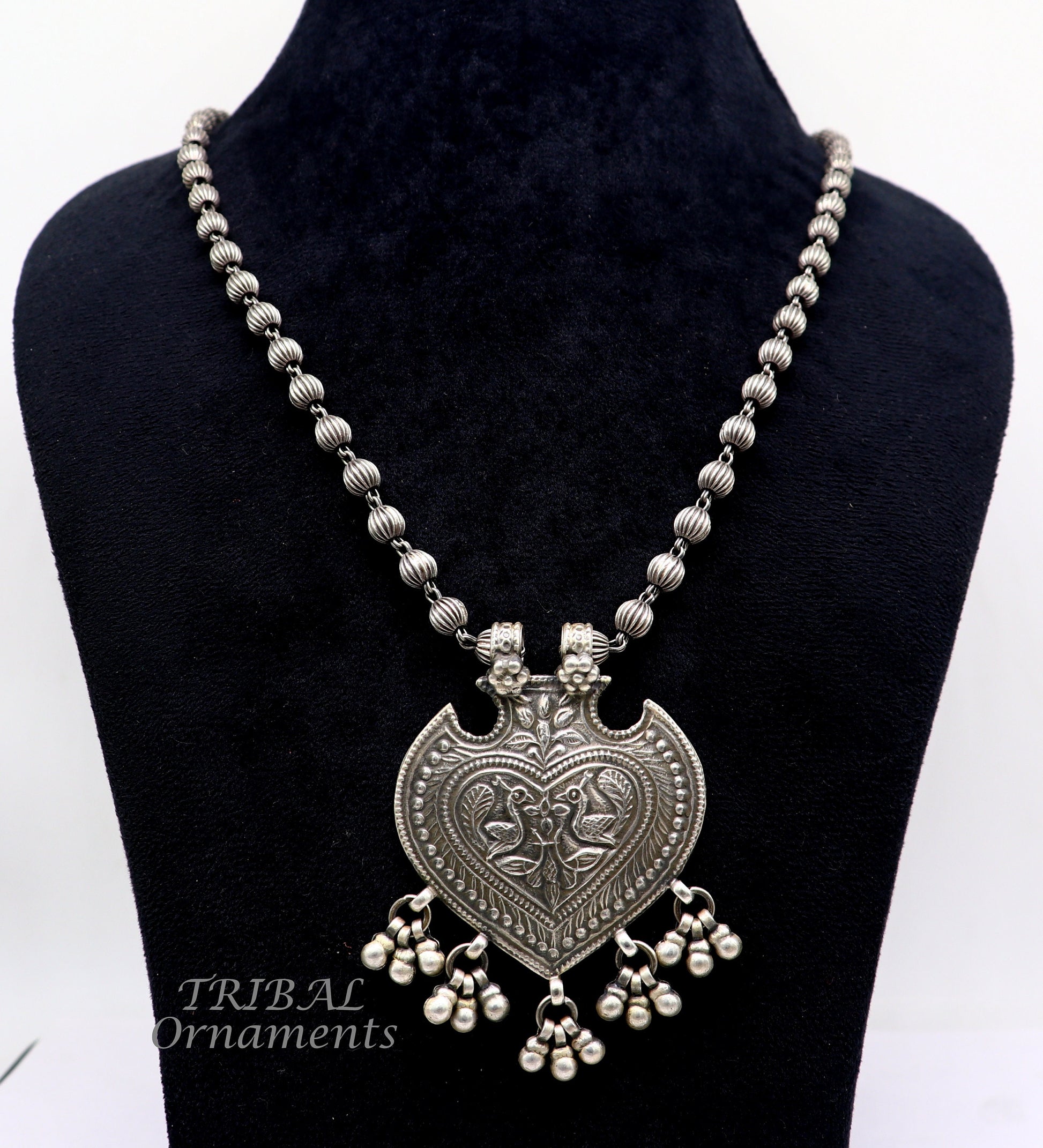 925 Sterling silver vintage tribal pendant with beaded necklace and hanging bells, ethnic jewelry set by TRIBAL ORNAMENTS.
