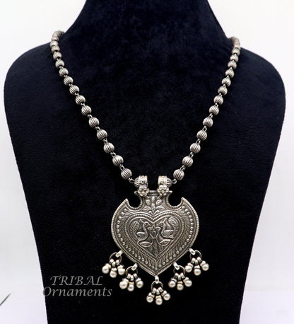 925 Sterling silver vintage tribal pendant with beaded necklace and hanging bells, ethnic jewelry set by TRIBAL ORNAMENTS.