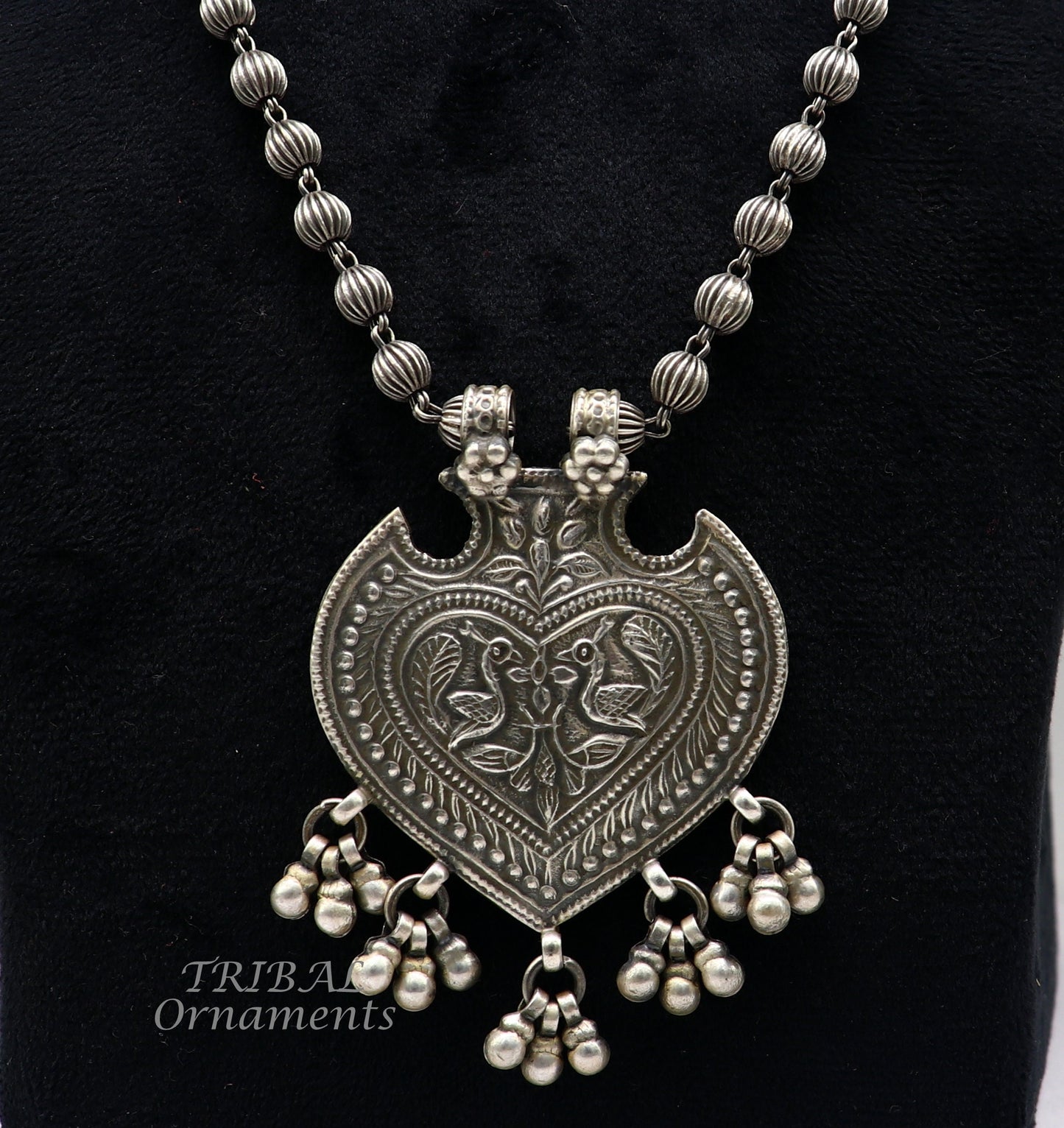 925 Sterling silver vintage tribal pendant with beaded necklace and hanging bells in ethnic jewelry set by TRIBAL ORNAMENTS.