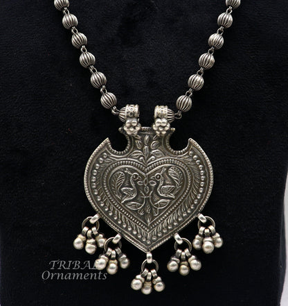 925 Sterling silver vintage tribal pendant with beaded necklace and hanging bells in ethnic jewelry set by TRIBAL ORNAMENTS.