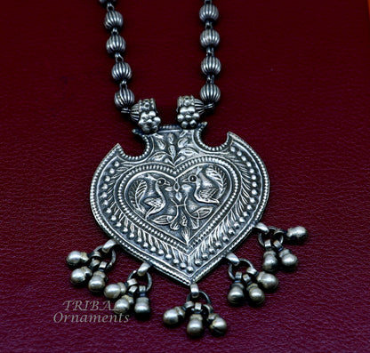 925 Sterling silver vintage tribal pendant with beaded necklace and hanging bells, part of ethnic jewelry set by TRIBAL ORNAMENTS