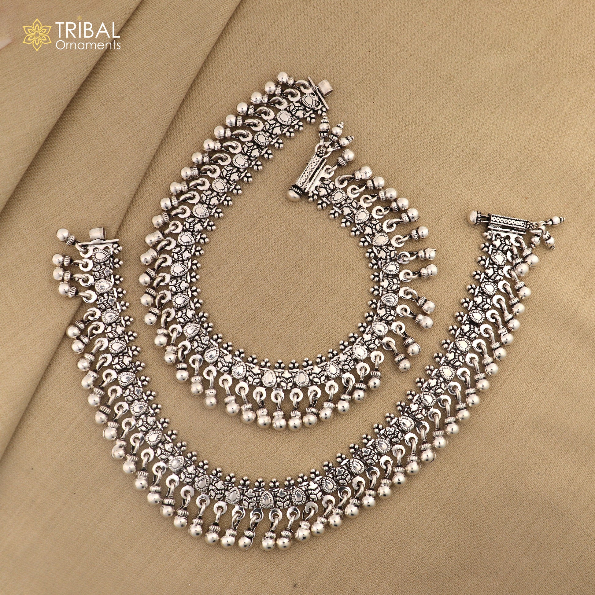 925 Sterling silver handmade vintage design stylish charming anklet foot bracelet hanging bells tribal ethnic jewelry ank620 - TRIBAL ORNAMENTS