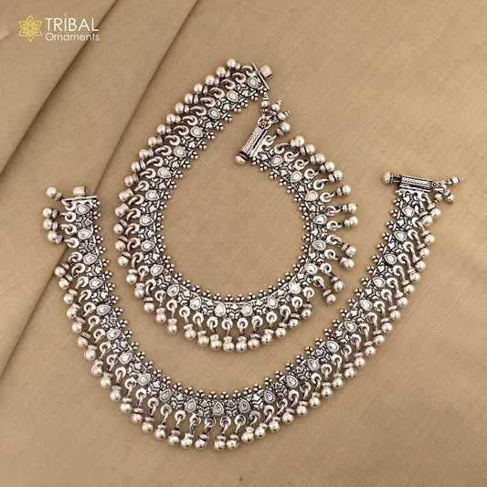 925 Sterling silver handmade vintage design stylish charming anklet foot bracelet hanging bells tribal ethnic jewelry ank620 - TRIBAL ORNAMENTS
