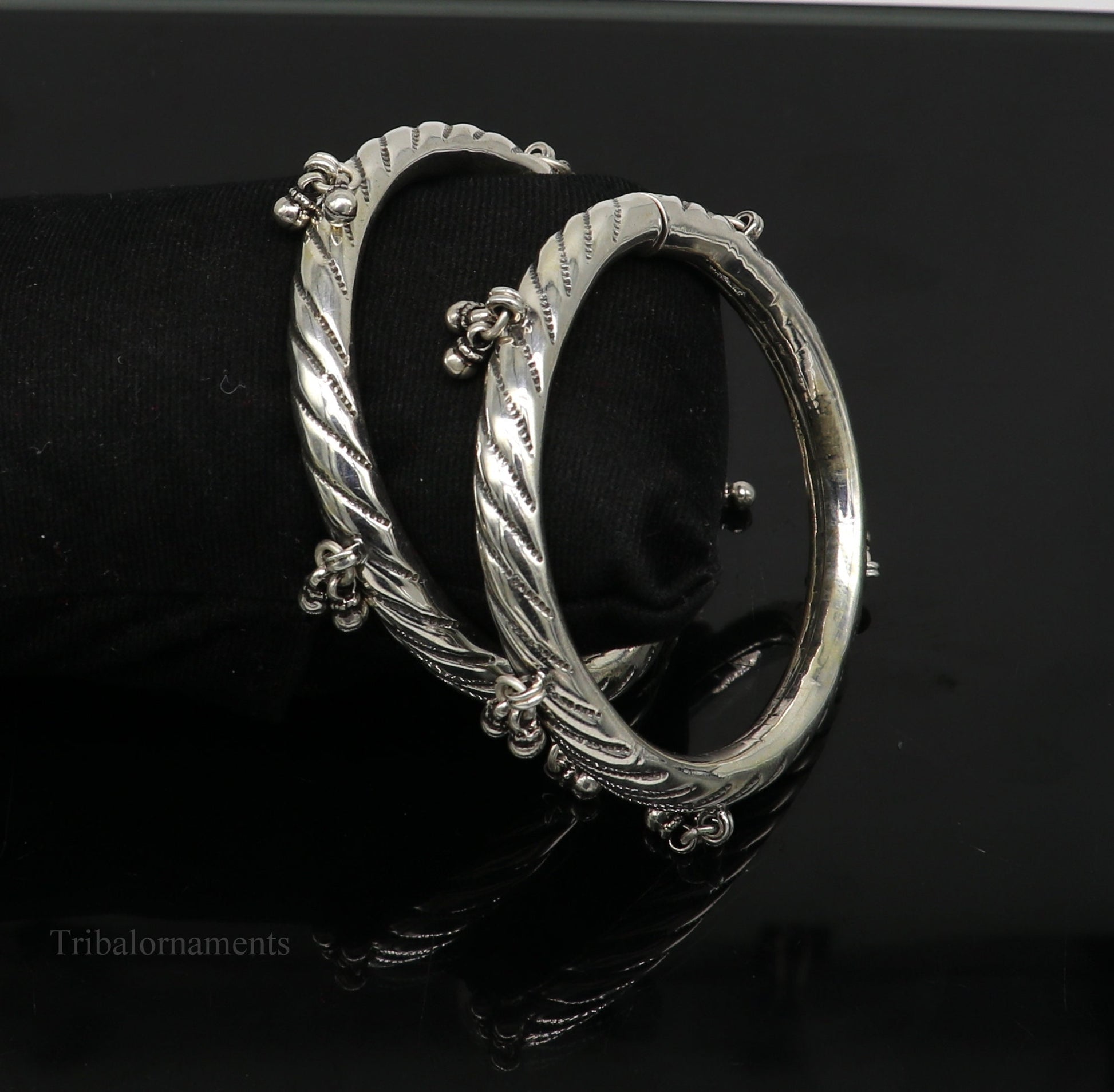 Sterling silver vintage tribal charm bangle bracelet with hanging drops, handcrafted ethnic design, custom tribal jewelry.
