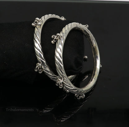 Sterling silver vintage tribal charm bangle bracelet with hanging drops, handcrafted ethnic design, custom tribal jewelry.