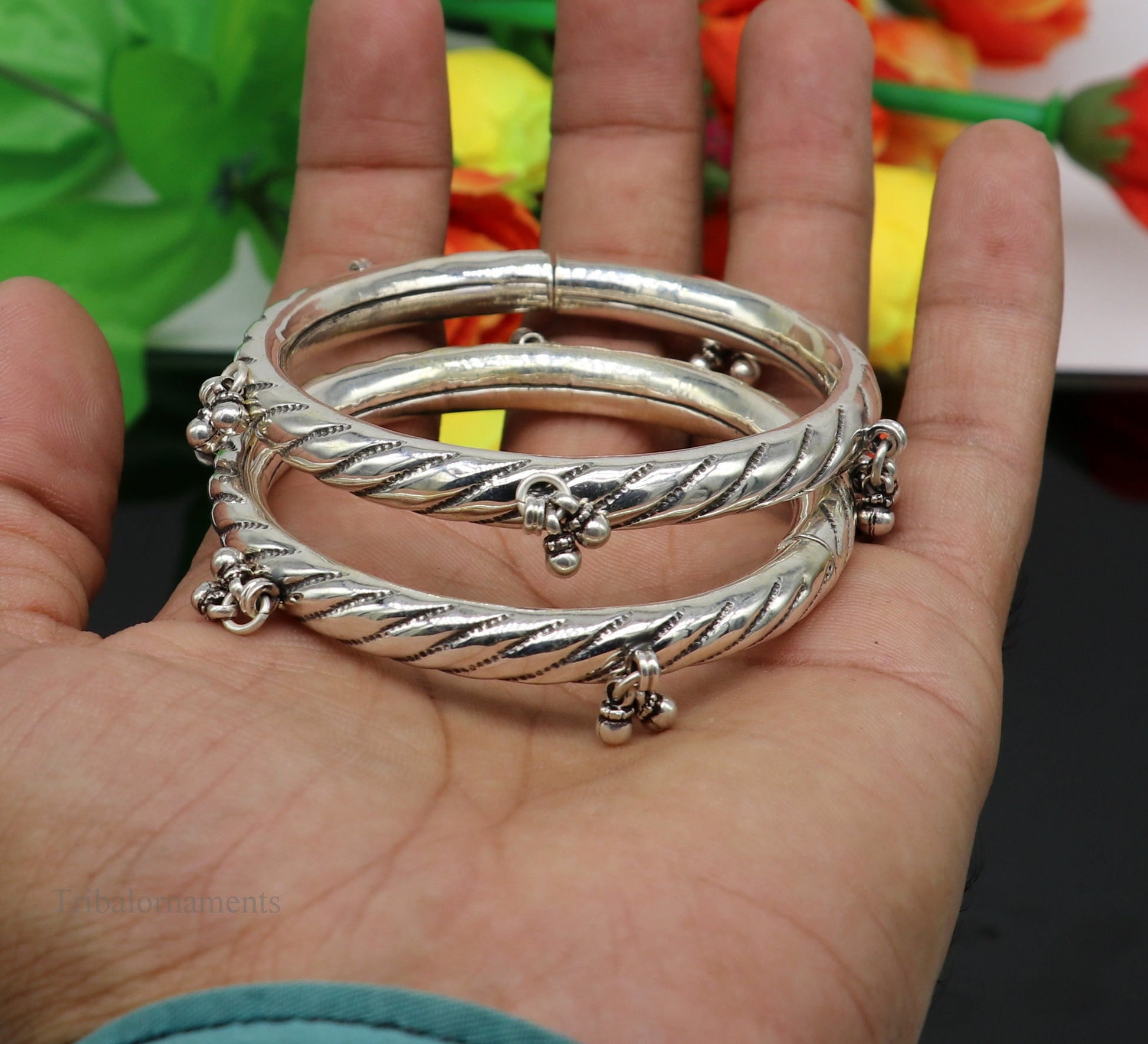 Sterling silver vintage tribal charm bangle bracelet with hanging drops, handcrafted ethnic jewelry by TRIBAL ORNAMENTS.