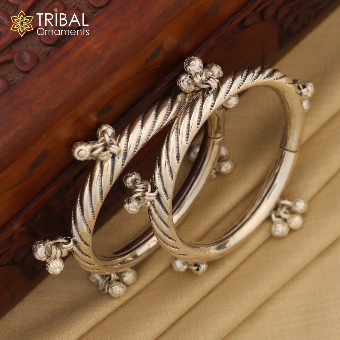 Sterling silver vintage tribal charm bangle bracelet with hanging drops, handcrafted ethnic jewelry by Tribal Ornaments.