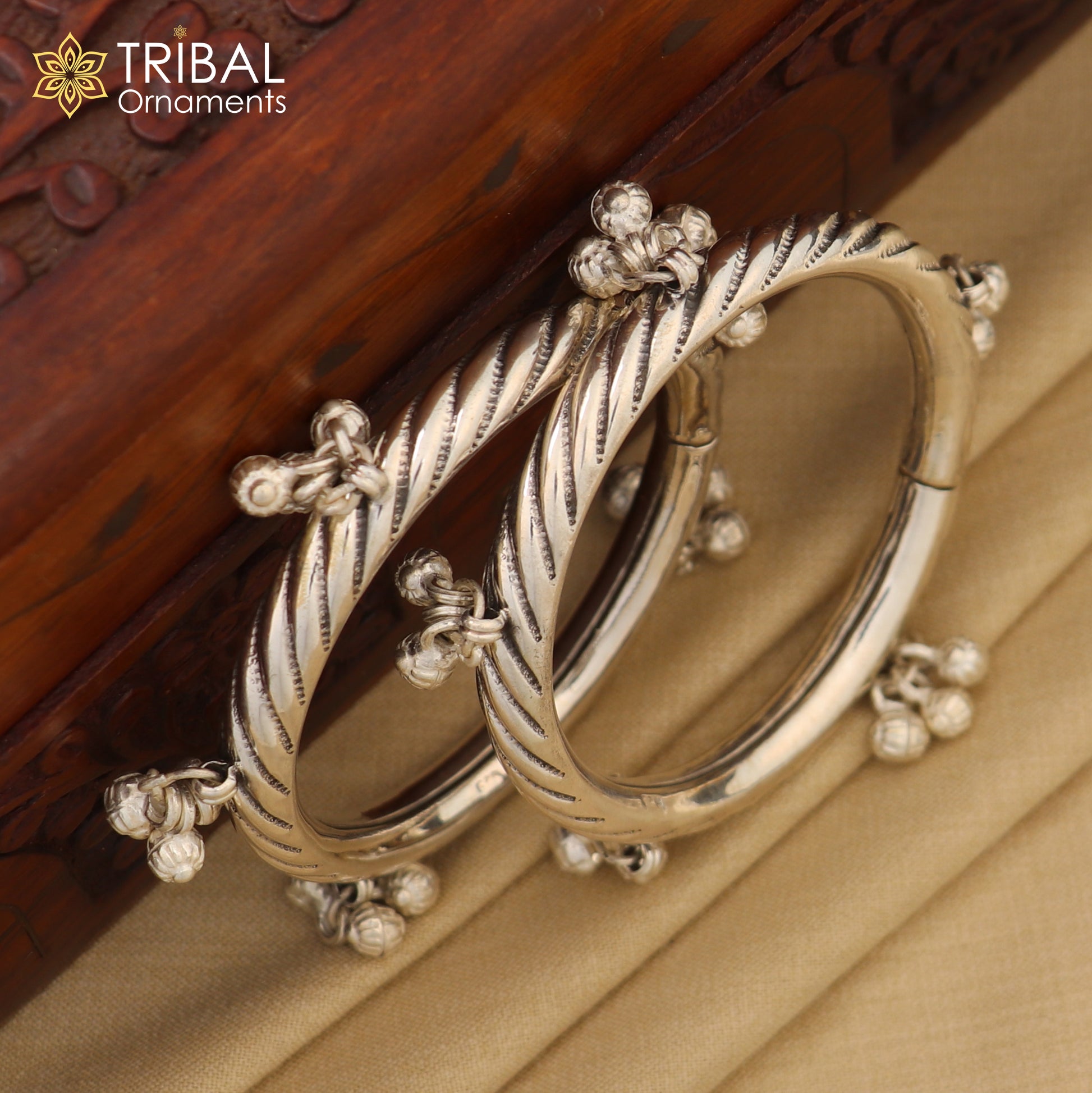 Sterling silver vintage tribal charm bangle bracelet with hanging drops, handcrafted ethnic jewelry by Tribal Ornaments.