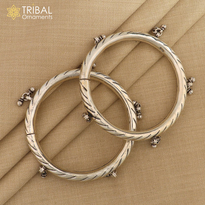 Sterling silver vintage tribal charm bangle bracelet with hanging drops, handcrafted tribal jewelry by Tribal Ornaments.