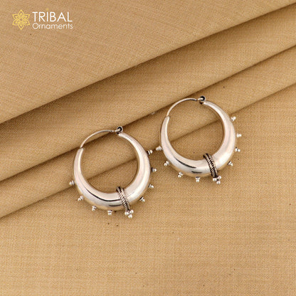 Sterling silver handmade vintage ethnic hoop earrings with tribal Bali design, perfect for traditional belly dance or tribal jewelry.