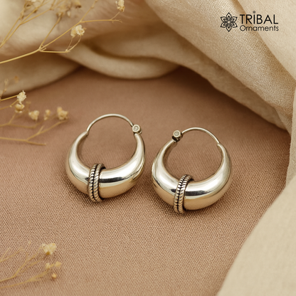 Sterling silver handmade vintage ethnic hoops earrings with tribal Bali design, perfect for tribal belly dance jewelry from India.