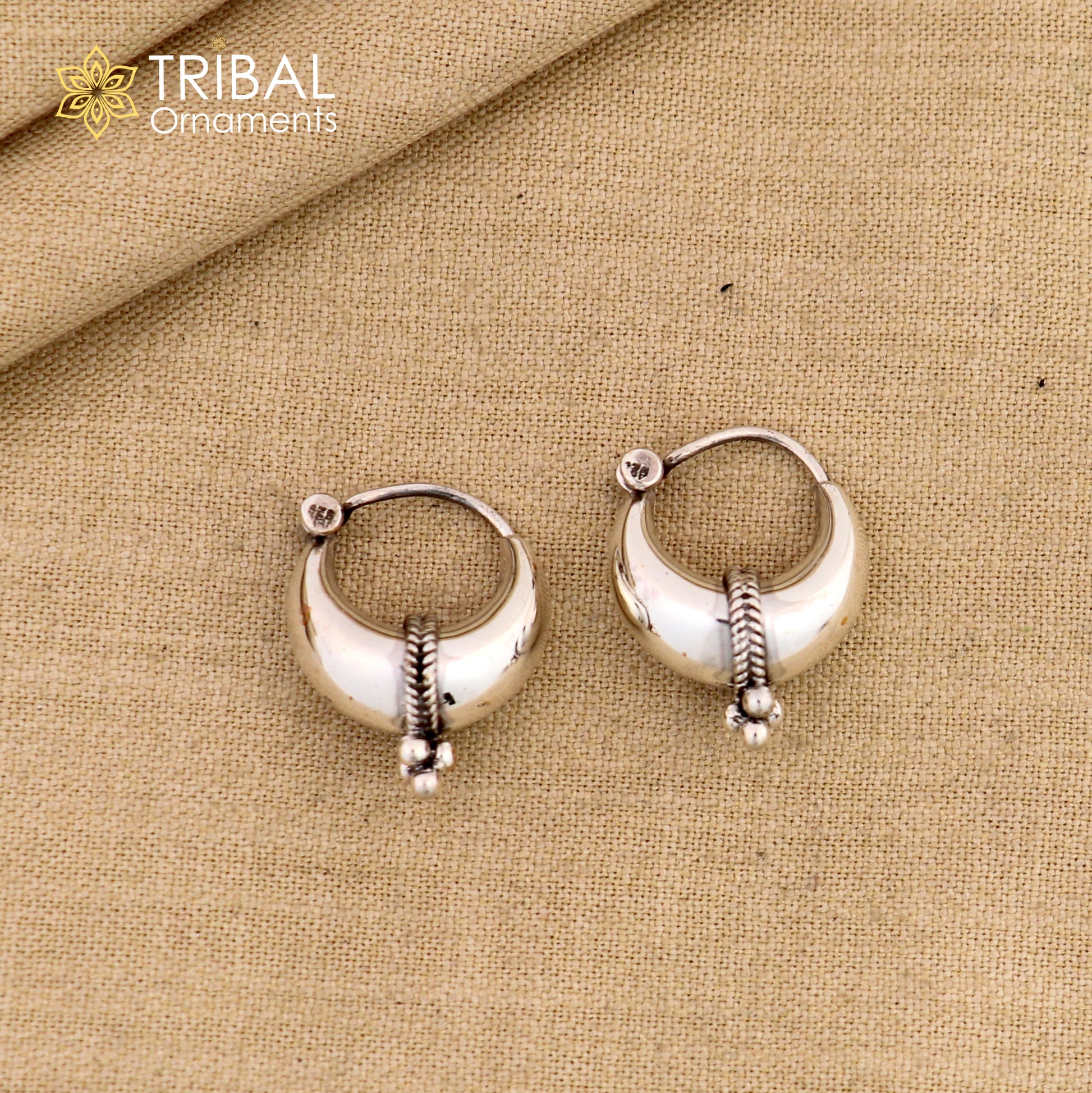 925 sterling silver Handmade vintage ethnic style hoops earrings Kundal unisex tribal stylish unique Bali jewelry from India ear1223 - TRIBAL ORNAMENTS