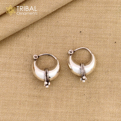 Sterling silver handmade vintage ethnic hoops earrings with tribal Bali style, unisex tribal jewelry from India by Tribal Ornaments.