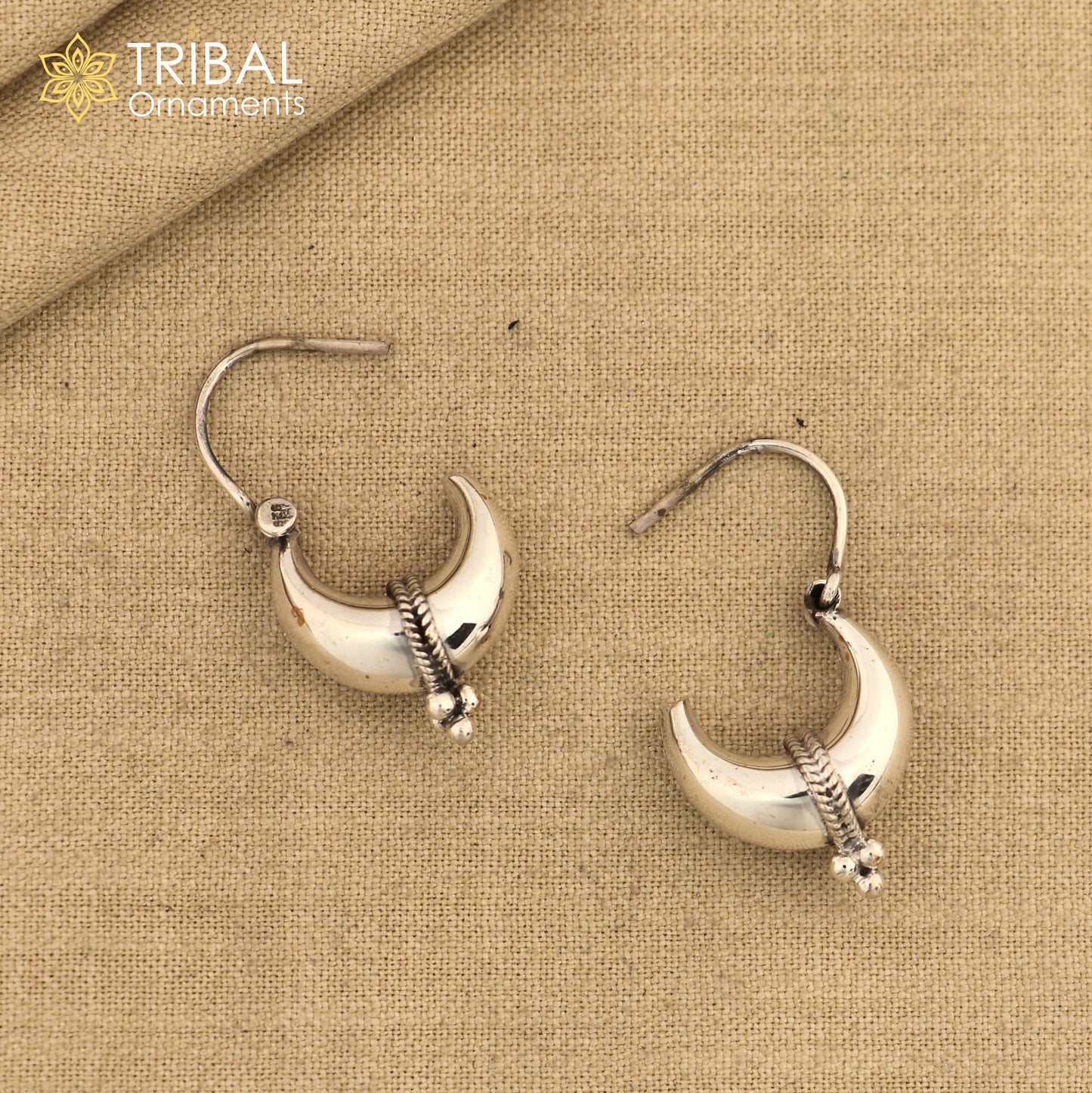925 sterling silver Handmade vintage ethnic style hoops earrings Kundal unisex tribal stylish unique Bali jewelry from India ear1223 - TRIBAL ORNAMENTS