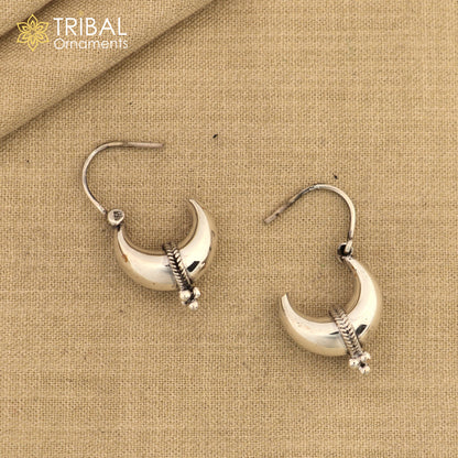 Sterling silver handmade vintage tribal hoops earrings with ethnic style, unisex Bali jewelry from Tribal Ornaments, India.