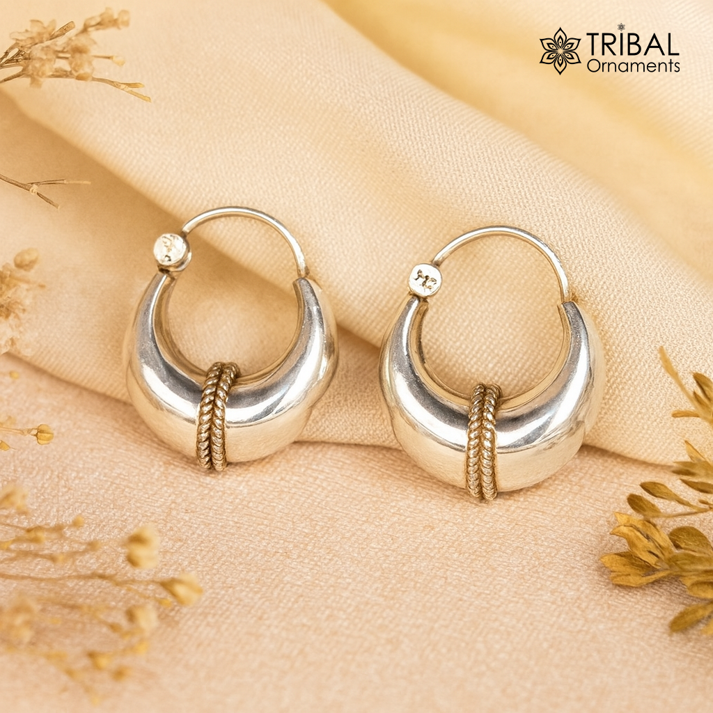 925 sterling silver Handmade vintage ethnic style hoops earrings Kundal unisex tribal stylish unique Bali jewelry from India ear1226 - TRIBAL ORNAMENTS
