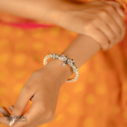 Sterling silver vintage peacock design tribal belly dance bangle with cubic zircon stones, handcrafted ethnic jewelry, versatile tribal bracelet