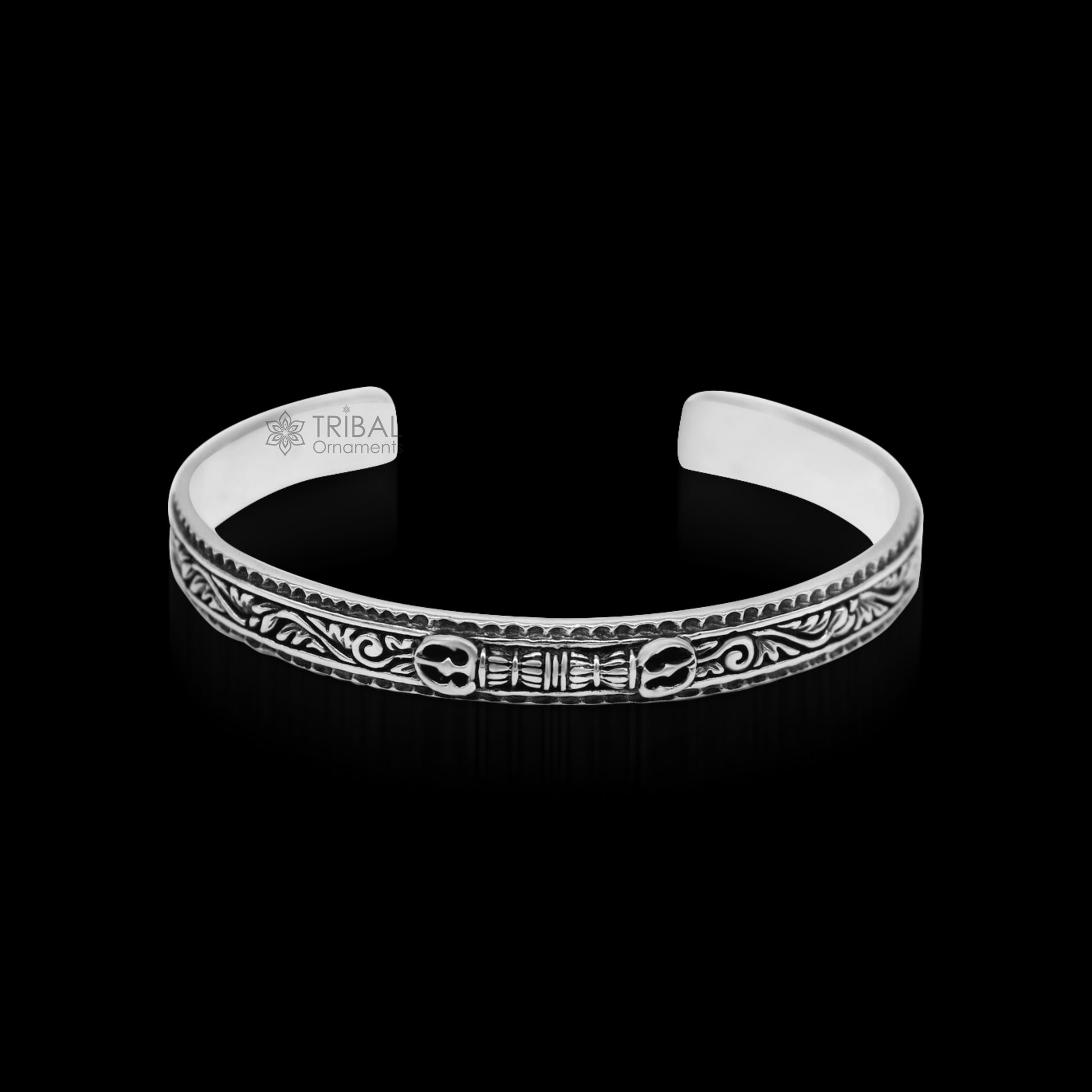 Sterling silver vintage Vajra design bangle cuff bracelet with tribal motifs, unisex handmade jewelry by Tribal Ornaments.