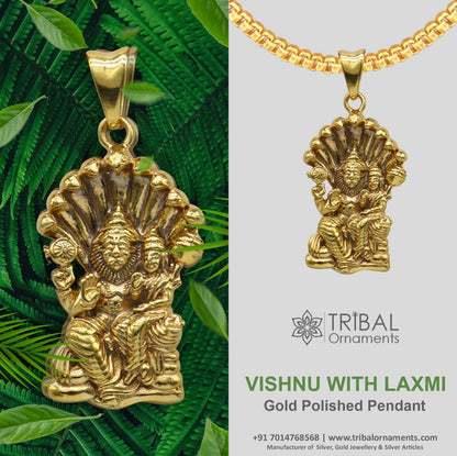 925 sterling silver Vishnu with Laxmi Narsimha pendant, unisex gold-polished personalized jewelry by TRIBAL ORNAMENTS.