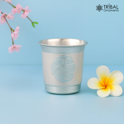 925 sterling silver handmade baby glass tumbler with intricate tribal ornament design, ideal for baby food and dining utensils.