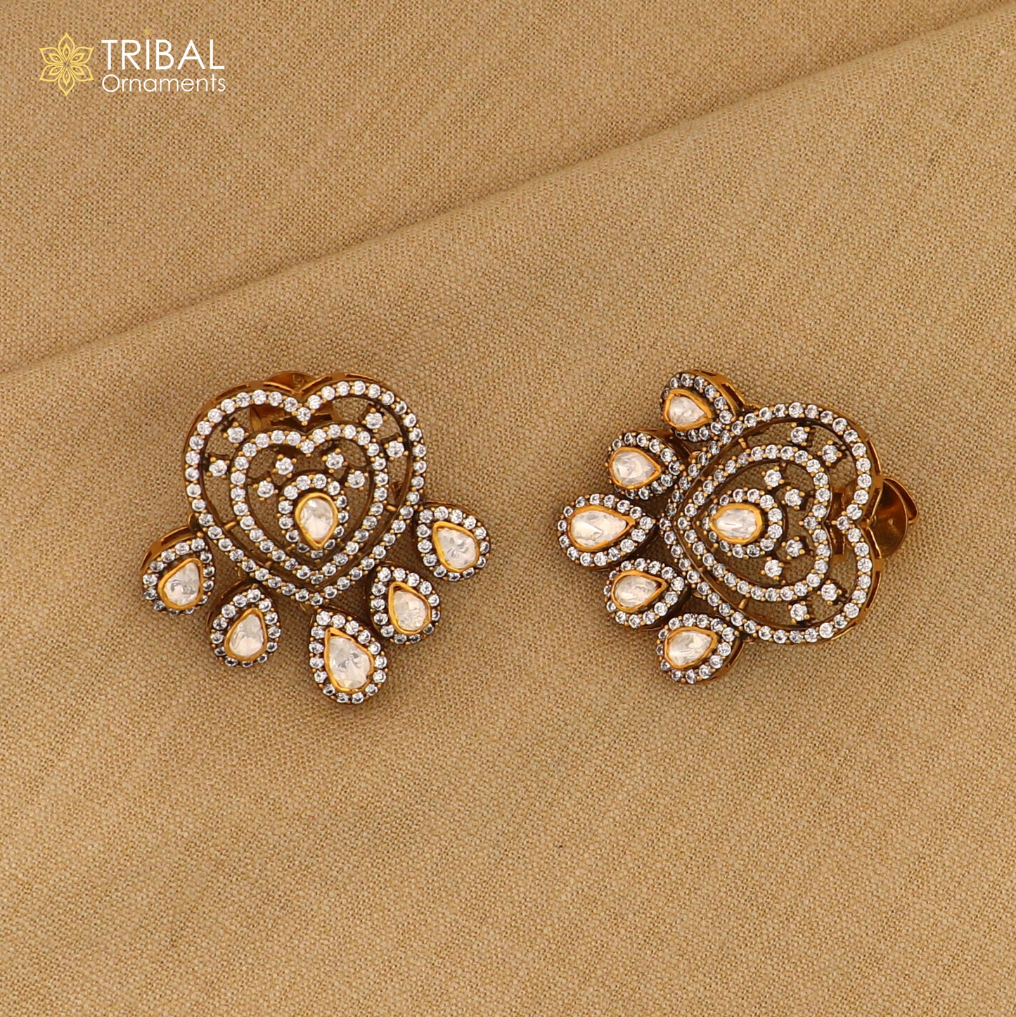 925 sterling silver heart design white kundan stud polki style earring er210 - TRIBAL ORNAMENTS