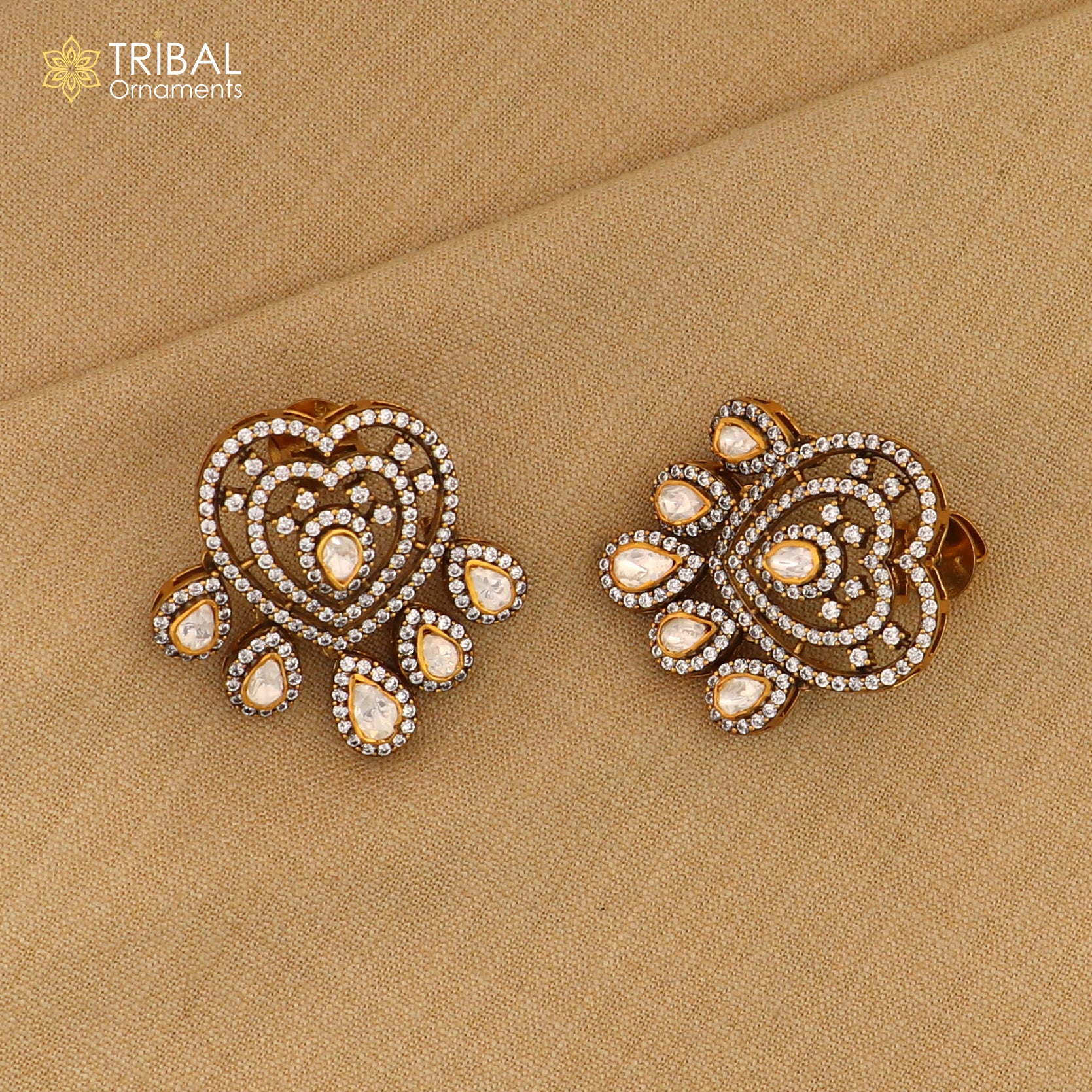 925 sterling silver heart design white kundan stud polki style earring er210 - TRIBAL ORNAMENTS