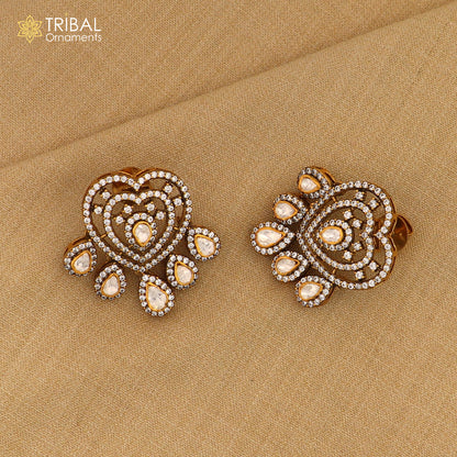 925 sterling silver heart design white kundan stud polki style earring er210 - TRIBAL ORNAMENTS