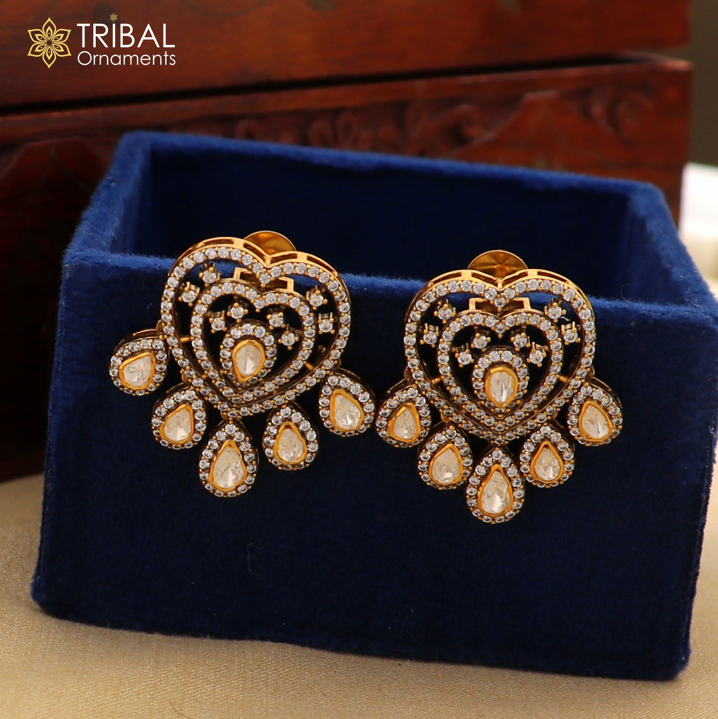 925 sterling silver heart design white kundan stud polki style earring er210 - TRIBAL ORNAMENTS