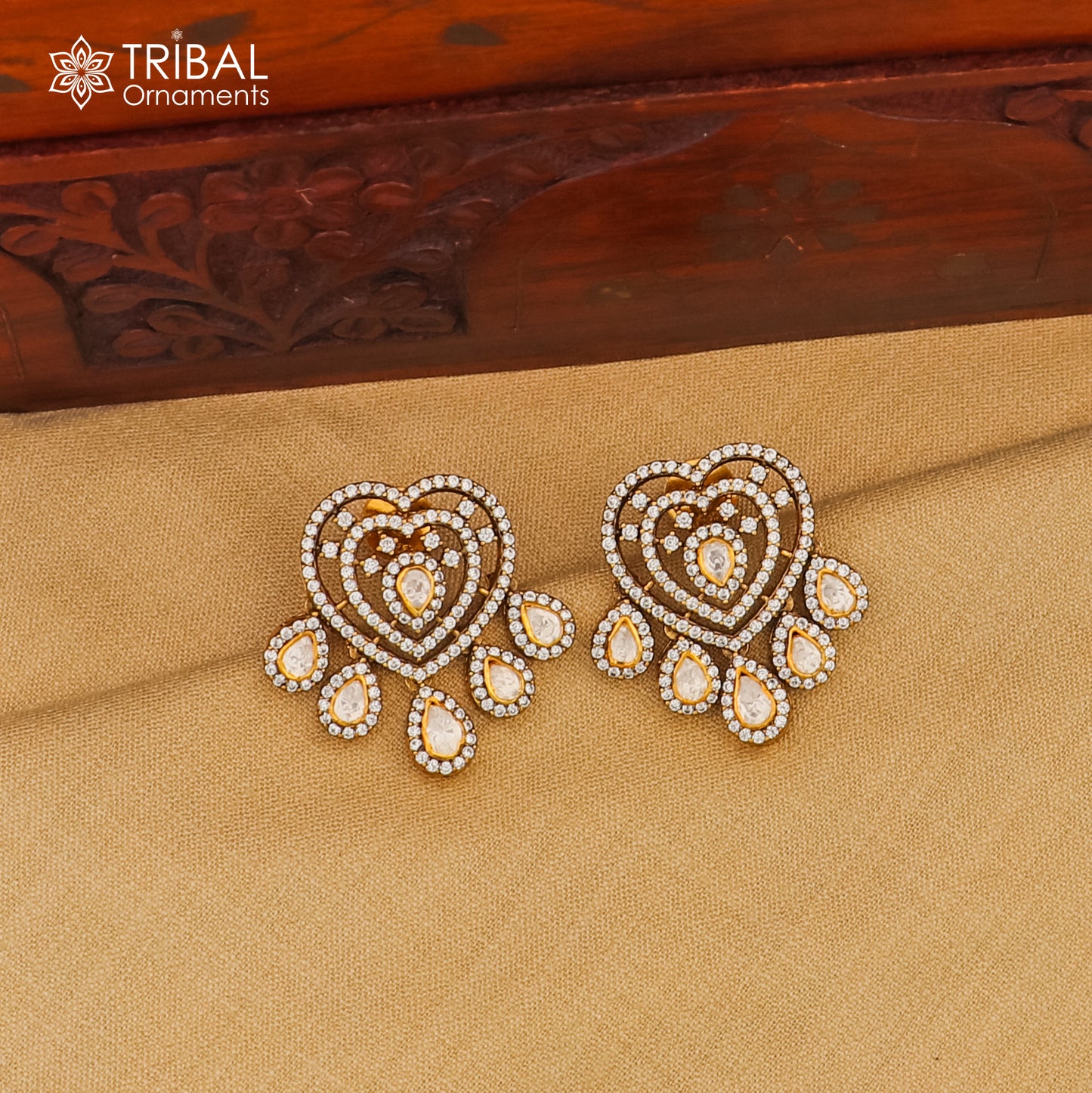 925 sterling silver heart design white kundan stud polki style earring er210 - TRIBAL ORNAMENTS