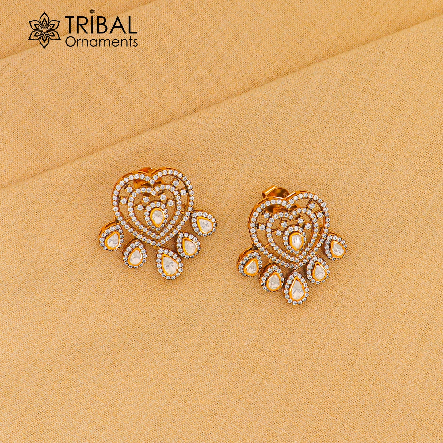 925 sterling silver heart design white kundan stud polki style earring er210 - TRIBAL ORNAMENTS