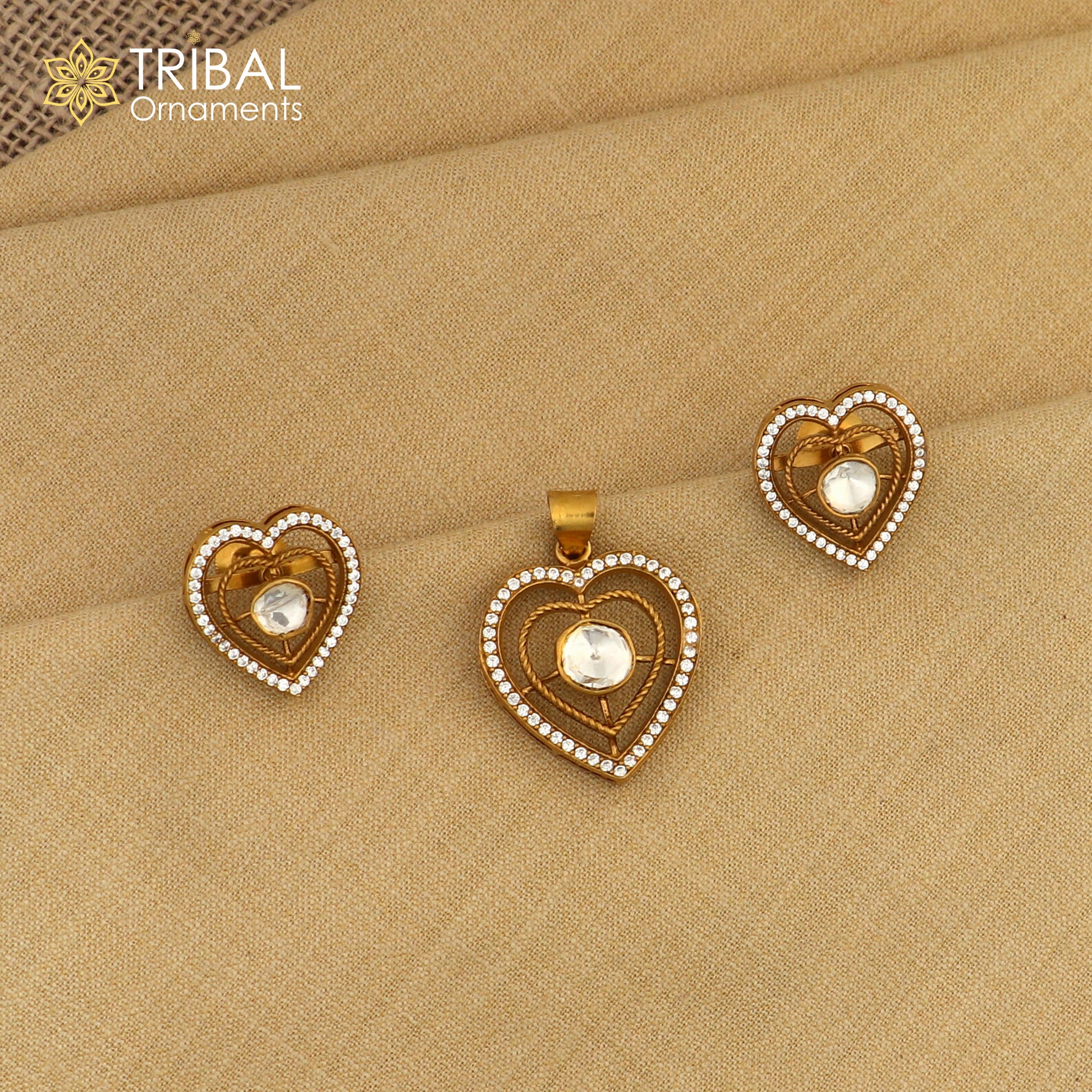 925 sterling silver heart shape white kundan stone polki charm necklace set stylish jewelry set744 - TRIBAL ORNAMENTS