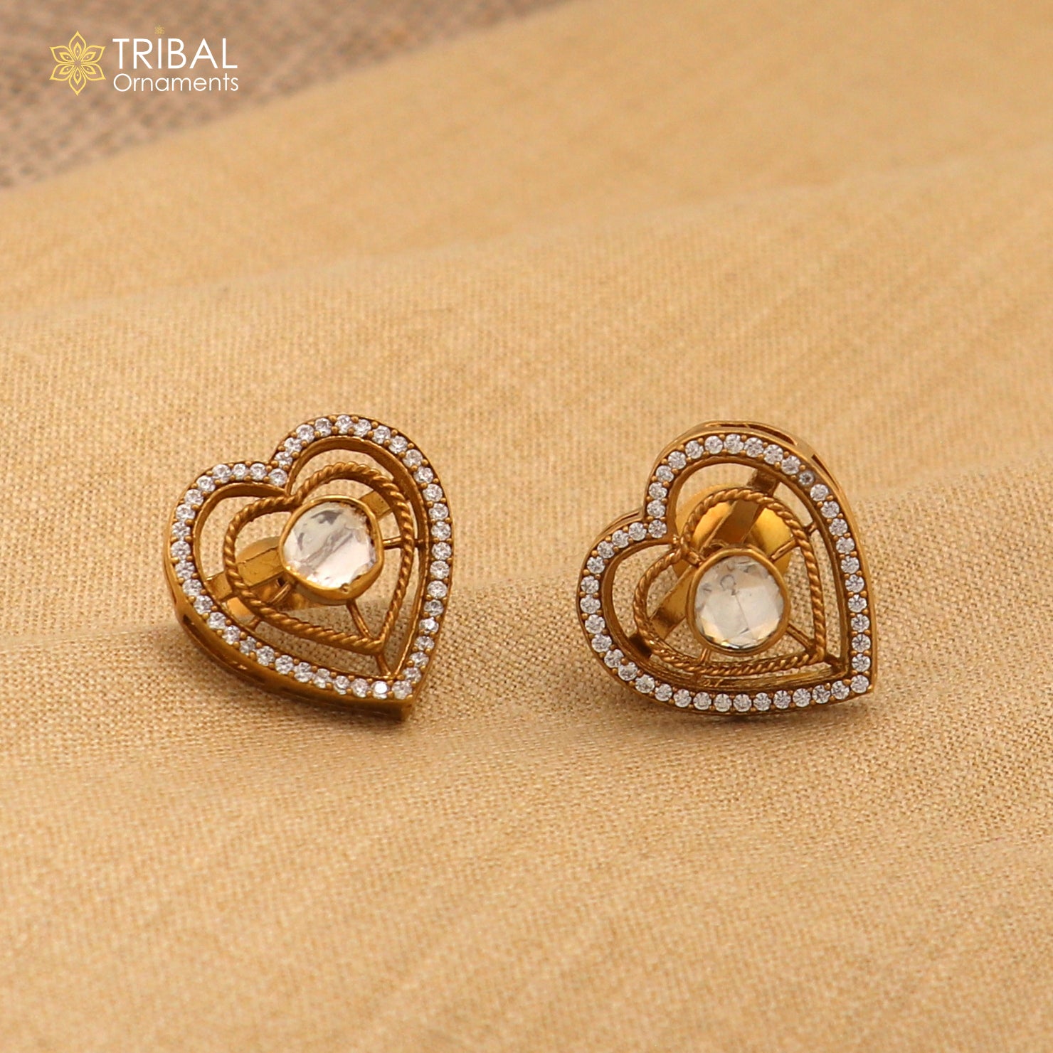 925 sterling silver heart shape white kundan stone polki charm necklace set stylish jewelry set744 - TRIBAL ORNAMENTS