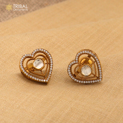 925 sterling silver heart shape white kundan stone polki charm necklace set stylish jewelry set744 - TRIBAL ORNAMENTS