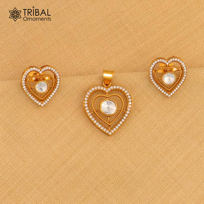 925 sterling silver heart shape white kundan stone polki charm necklace set stylish jewelry set744 - TRIBAL ORNAMENTS