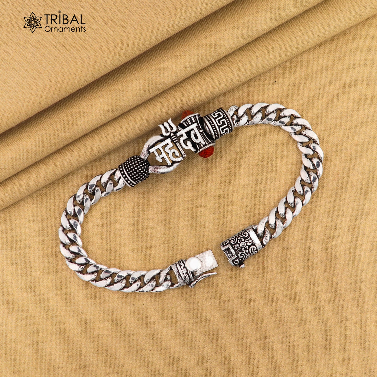 925 sterling silver heavy chain Mahadev bracelet for men, tribal ornaments jewelry featuring intricate design and durable craftsmanship.