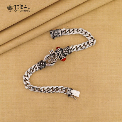 925 sterling silver Mahadev bracelet with a heavy chain design, men's jewelry by TRIBAL ORNAMENTS.
