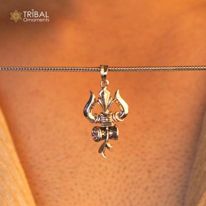 Sterling silver Lord Shiva trident pendant with vintage design, featuring intricate Hindu idol details, customized jewelry by TRIBAL ORNAMENTS.