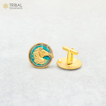 Set of 2 men's 925 Sterling silver horse design gold-polished cufflinks for coats or suits by TRIBAL ORNAMENTS.