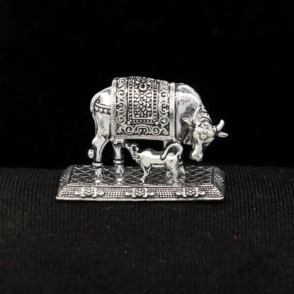 925 sterling silver Kamdhenu cow sculpture by Tribal Ornaments, deity's wishing cow symbolizing wealth and prosperity.