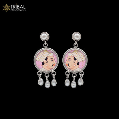 Sterling silver king painting miniature art dangle earring by Tribal Ornaments featuring detailed drop design.