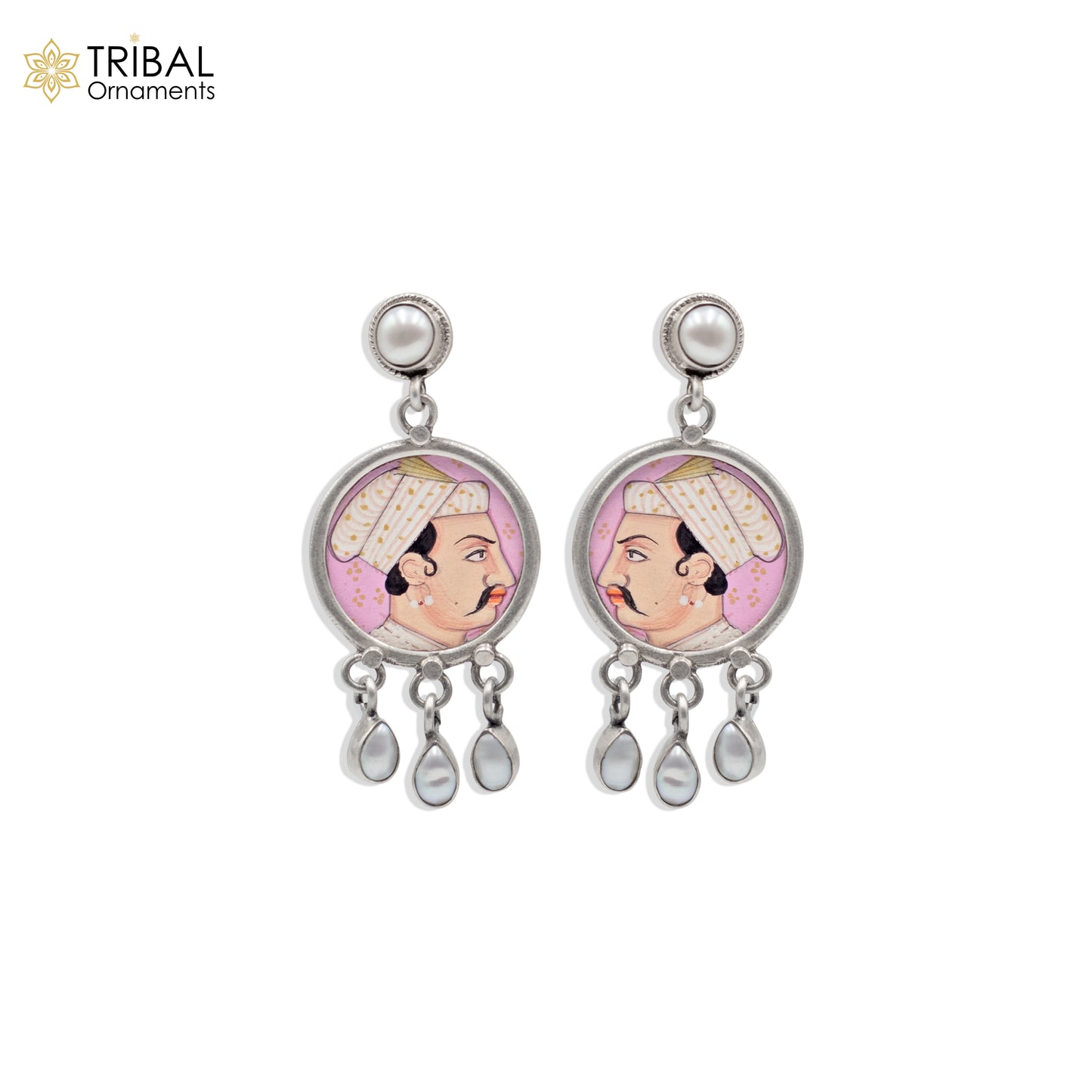 Sterling silver king miniature painting drop dangle earring by Tribal Ornaments featuring detailed art design.