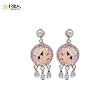 Sterling silver king miniature painting drop dangle earring by Tribal Ornaments featuring detailed art design.